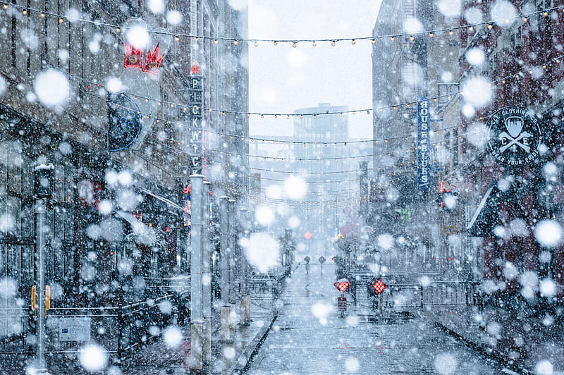 snowfall, snow, street, city, winter, HD wallpaper