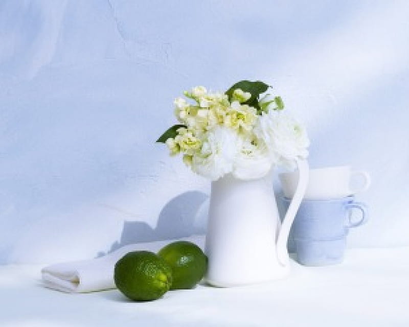 Jar of flowers, jar, flowers, table napkin, cup, lime, style, HD wallpaper