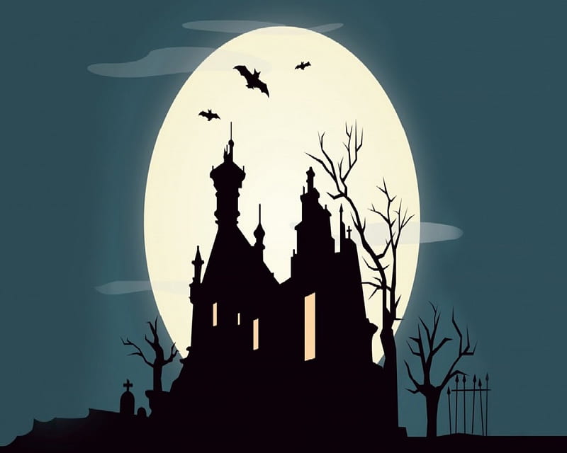 A Hunted House, Moon, Bats, Tree, Halloween, House, HD wallpaper | Peakpx