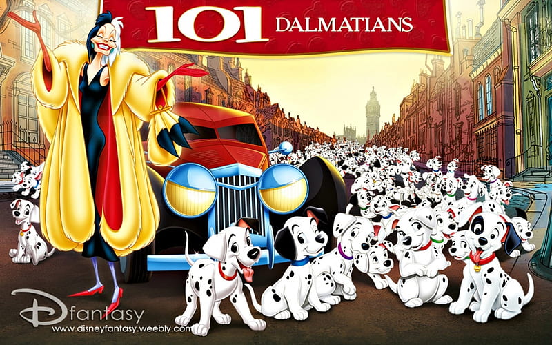 101 Dalmatians, poster, red, movie, cruella, yellow, animal, cute, anime, car, disney, puppy, dog, blue, HD wallpaper