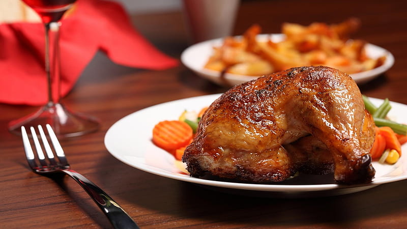 roast chicken, plate, fork, Food, HD wallpaper