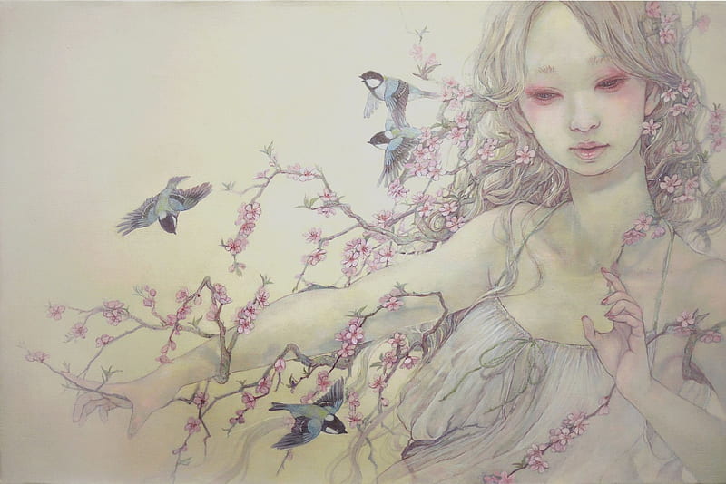 Spring, flower, face, girl, chalk, art, miho hirano, bird, pink, painting, pictura, pasari, HD wallpaper