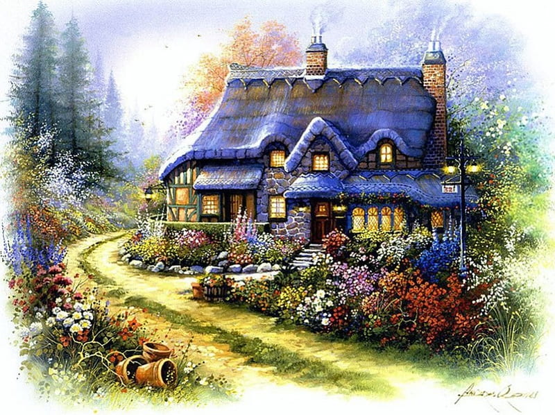 Cozy Cottage, house, painting, flowers, path, trees, artwork, HD wallpaper