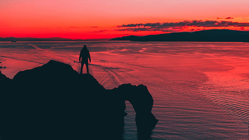Men Standing At Cliff Sunset , silhouette, sunset, evening, graphy, HD wallpaper