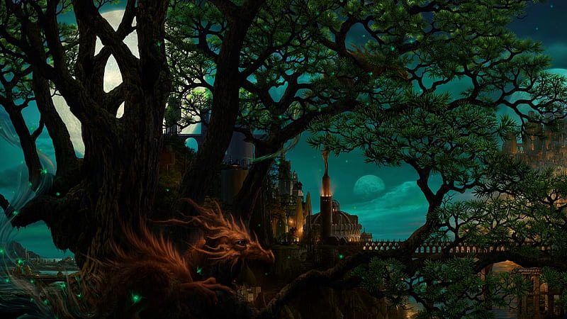 Hidden Dragon, glowing green, bonito, dragon, magnificient, tree, city, bridge, full moon, castle, hidden, night, HD wallpaper