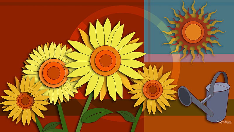 Signs of Autumn, fall, watering can, sun, sunflowers, flowers, colors, firefox persona, blocks, HD wallpaper