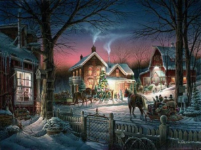 Enjoying Christmas, christmas, homes, sleighs, trees, horses, winter ...