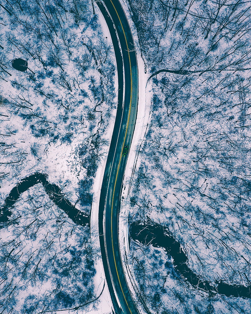 Aerial View of Road in the Middle of Snow Covered Ground, HD phone wallpaper