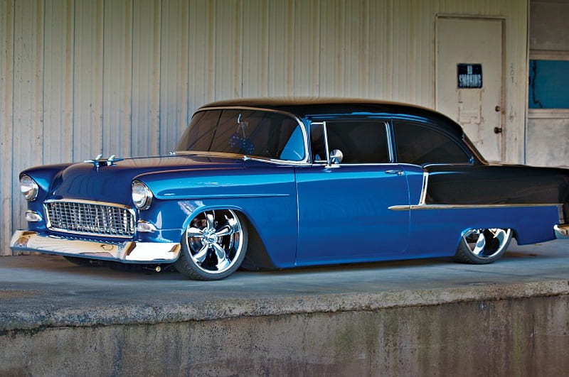 1955-Chevy-Bel-Air, Classic, GM, Blue, Lowered, HD wallpaper