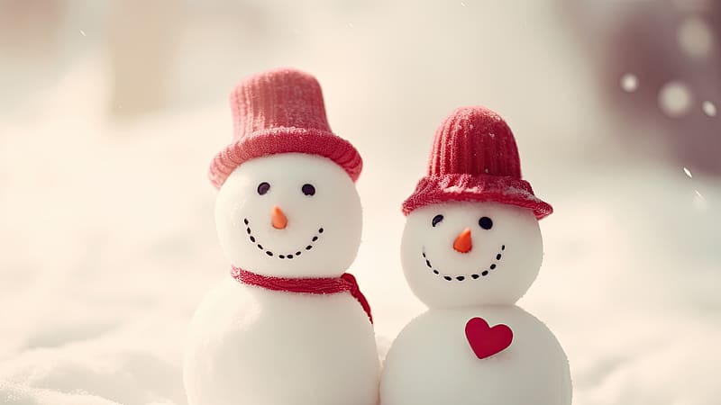 Snowmen, craciun, christmas, red, snow, couple, heart, hat, winter, snowman, valentine, HD wallpaper