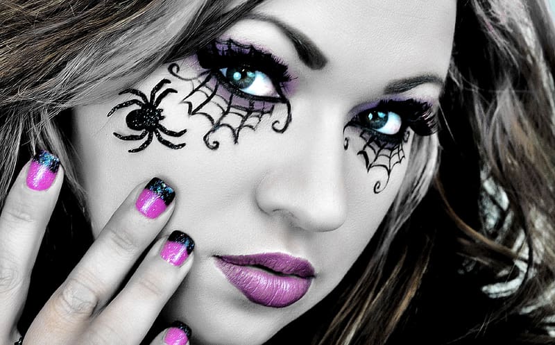 :), black, nails, face, girl, woman, makeup, model, spider, halloween, purple, HD wallpaper