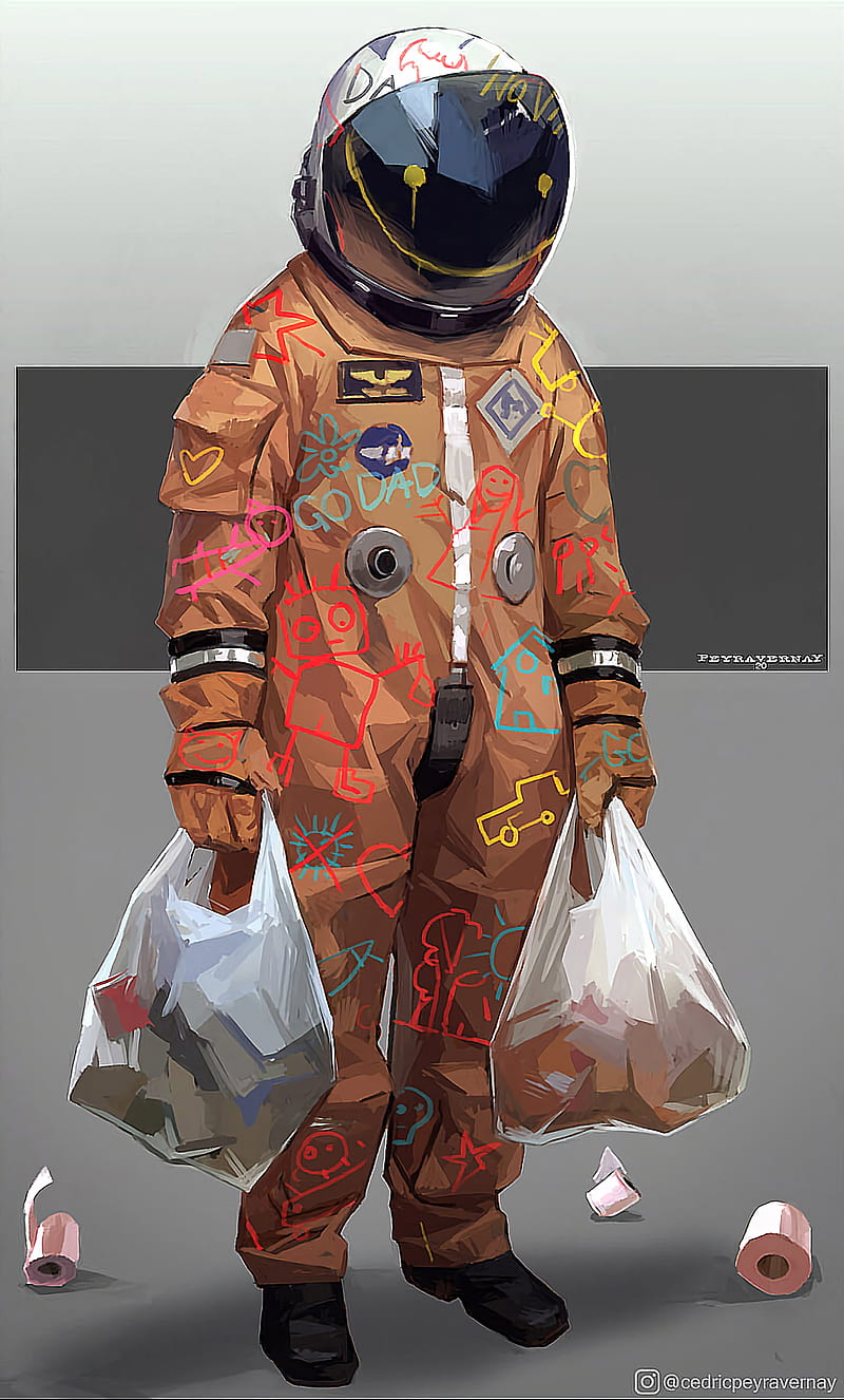 astronaut, drawing, smiley, helmet, space suit, bag, toilet paper, Cedric Peyravernay, HD phone wallpaper