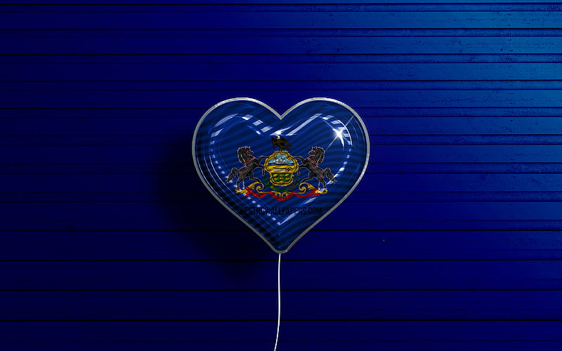 I Love Pennsylvania realistic balloons, blue wooden background, United States of America, Pennsylvania flag heart, flag of Pennsylvania, balloon with flag, American states, Love Pennsylvania, USA, HD wallpaper