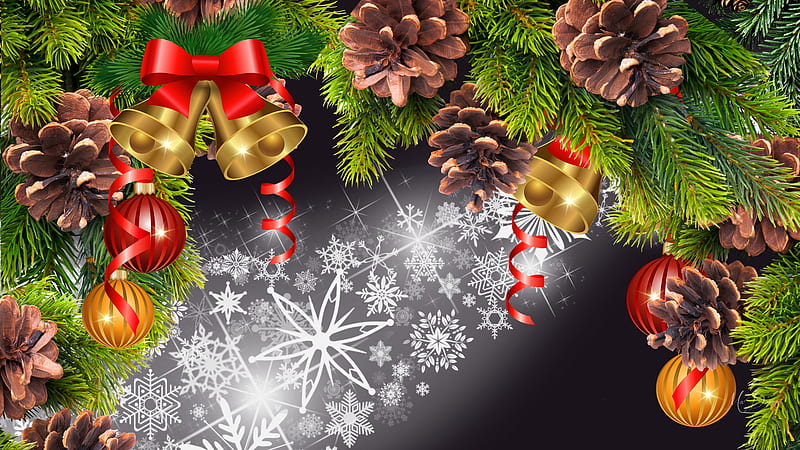 Ring in the Holiday, bells, winter, Christmas, Feliz Navidad, evergreen, ribbons, bows, pine cones, pine, snowflakes, decorations, Smas, HD wallpaper