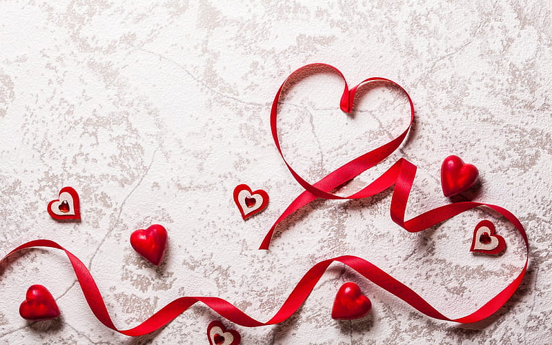 Valentines Day, red ribbons, red heart, romance, HD wallpaper