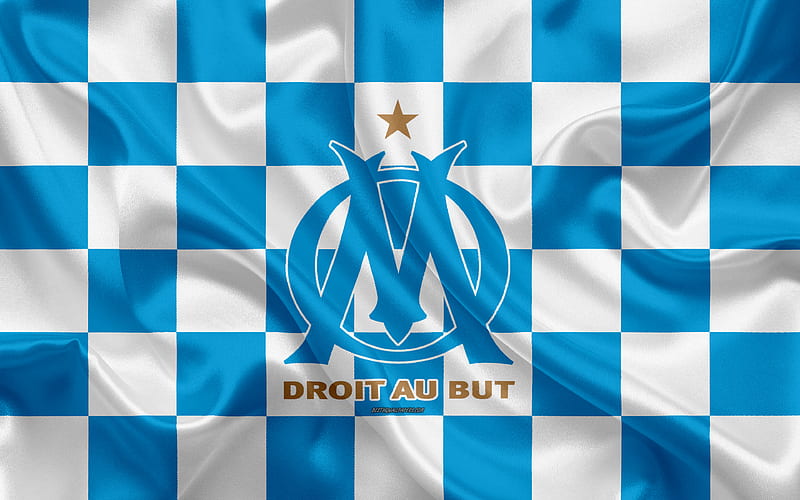 Olympique de Marseille, OM logo, creative art, white blue checkered flag, French football club, Ligue 1, emblem, silk texture, Marceille, France, football, HD wallpaper
