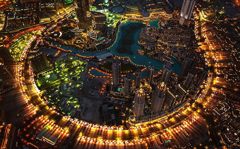 dubai, round, burj khalifa, city, skyscraper, light, HD wallpaper