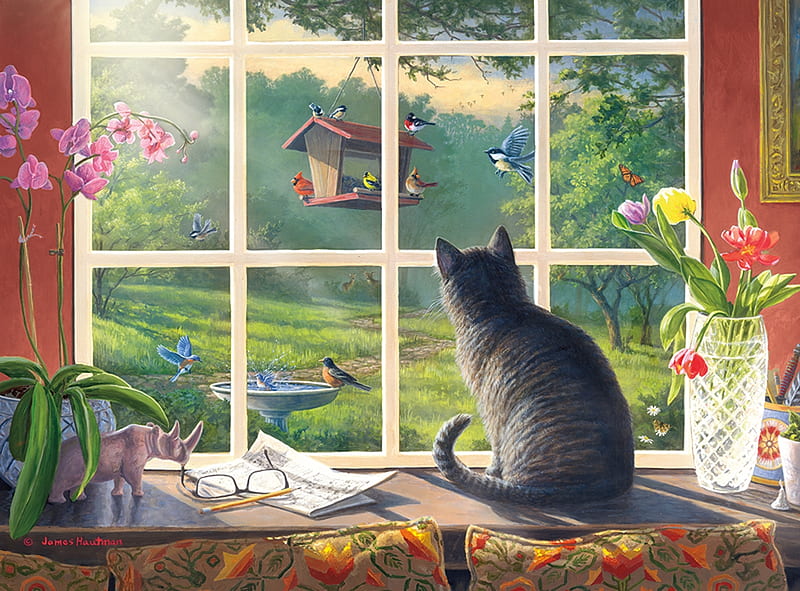 Bird watching, house, james hautman, window, bird, cat, pisici, animal, art, painting, pictura, HD wallpaper