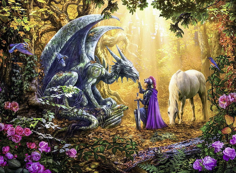 :), tale, fantasy, purple, dragon, horse, cat, knight, HD wallpaper