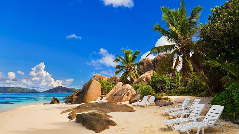 La Digue Island, Seychelles, beach, rocks, lounger, sky, sea, HD wallpaper
