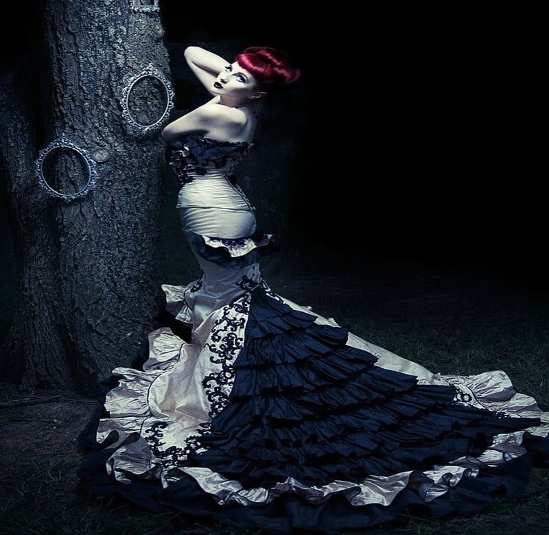 Mirror Mirror, gown, sexy, tree, ruffles, girl, gothic, people, mirror, other, HD wallpaper