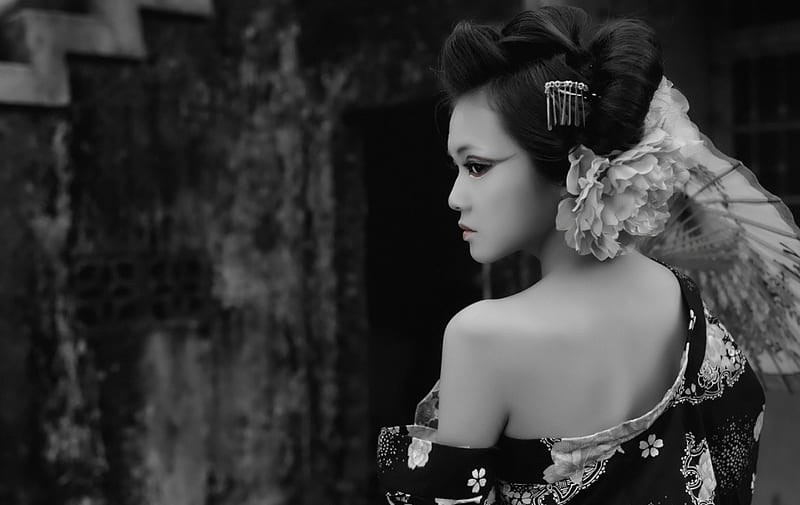 Geisha, makeup, Girl, Woman, black and white dress, HD wallpaper