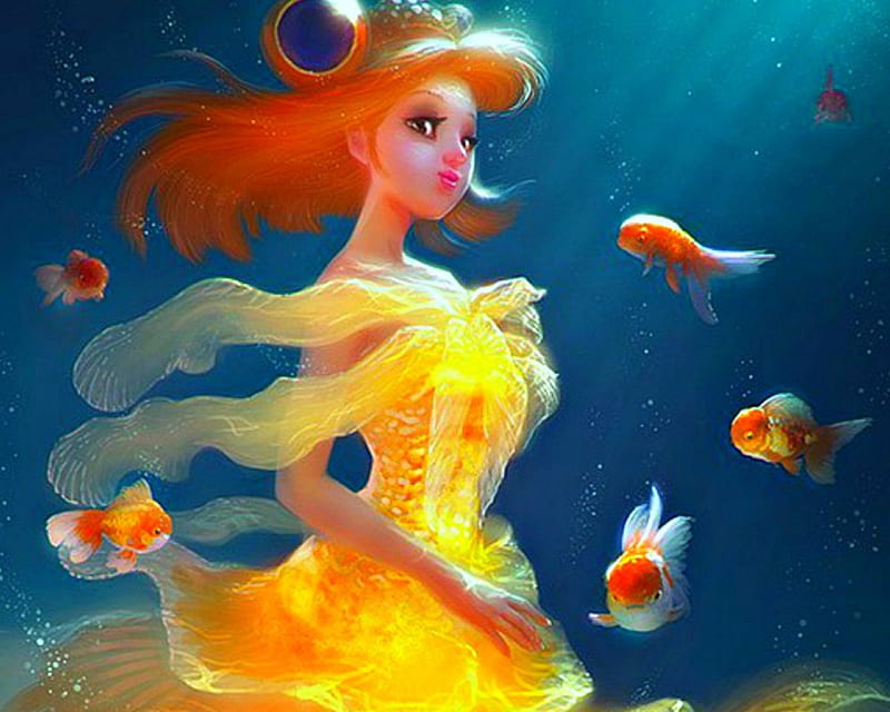 Golden girl, underwater, fantasy, gold, fish, yellow, HD wallpaper
