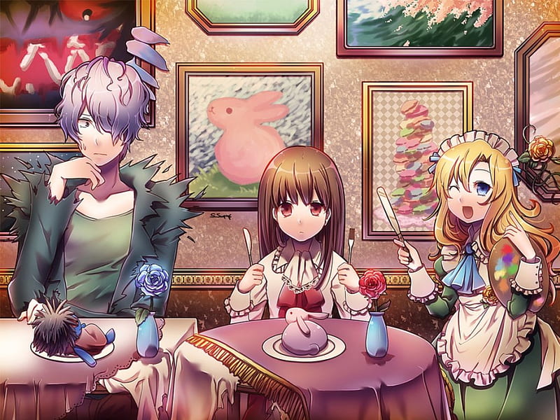 Is it Food or Art, rose, guy, frame, vase, floral, waitress, anime, handsome, hot, anime girl, apron, long hair, table, wierd, female, male, silly, sexy, short hair, cute, boy, girl, maid, flower, funny, HD wallpaper
