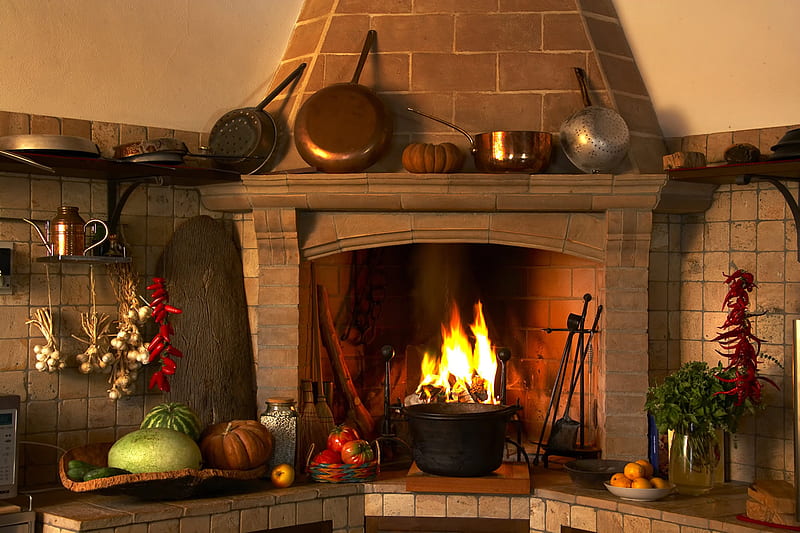 What A Kitchen, pans, kitchen, oranges, tomatoes, fireplace, pots, warmth, spices, garlic, peppers, HD wallpaper