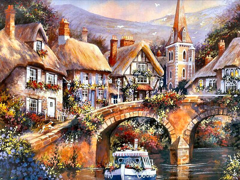 Thatched Village F2Cmp, art, artwork, boat, water, cobblestone bridge, painting, flowers, village, river, scenery, landscape, HD wallpaper