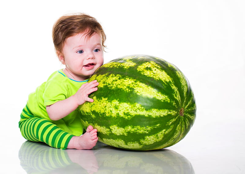 Mine!, b aby, cute, vara, green, watermelon, summer, copli, child, funny, white, HD wallpaper