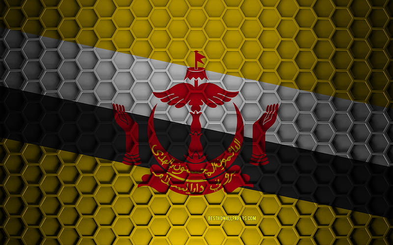 Brunei flag, 3d hexagons texture, Brunei, 3d texture, Brunei 3d flag, metal texture, flag of Brunei, HD wallpaper