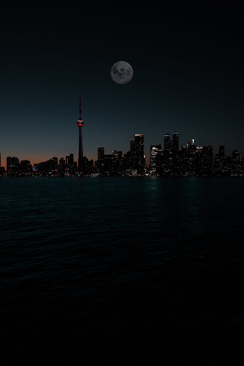 city, night, moon, buildings, water, dark, HD phone wallpaper