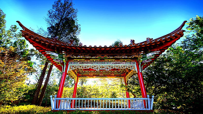 Chinese Pavilion, colorful, resting place, pavilion, beauty, trees, HD wallpaper