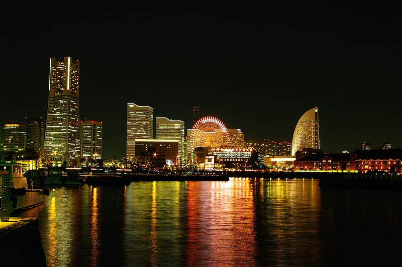 Cities, Night, City, Skyscraper, Reflection, Light, Japan, Yokohama, HD wallpaper