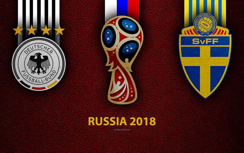 Germany vs Sweden football, logos, 2018 FIFA World Cup, Russia 2018, burgundy leather texture, Russia 2018 logo, cup, Germany, Sweden, national teams, football game, HD wallpaper