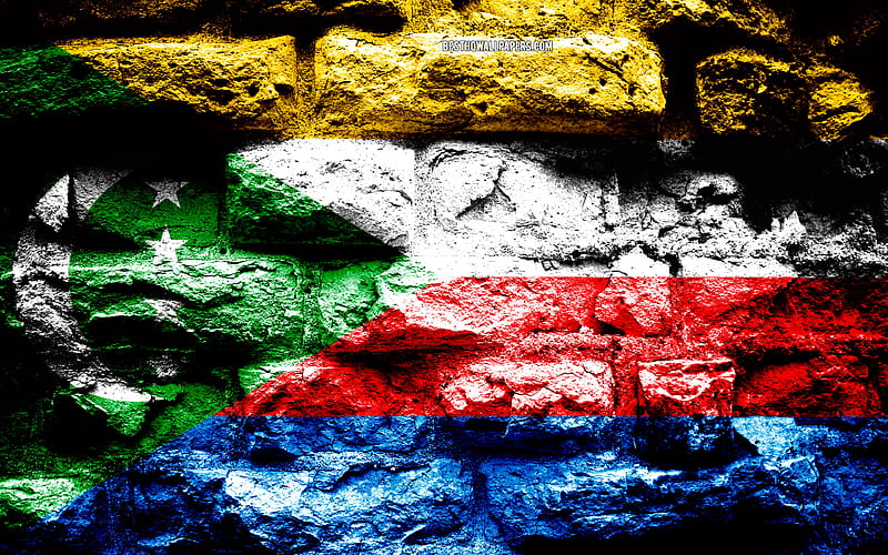 Comoros flag, grunge brick texture, Flag of Comoros, flag on brick wall, Comoros, flags of Africa countries, HD wallpaper