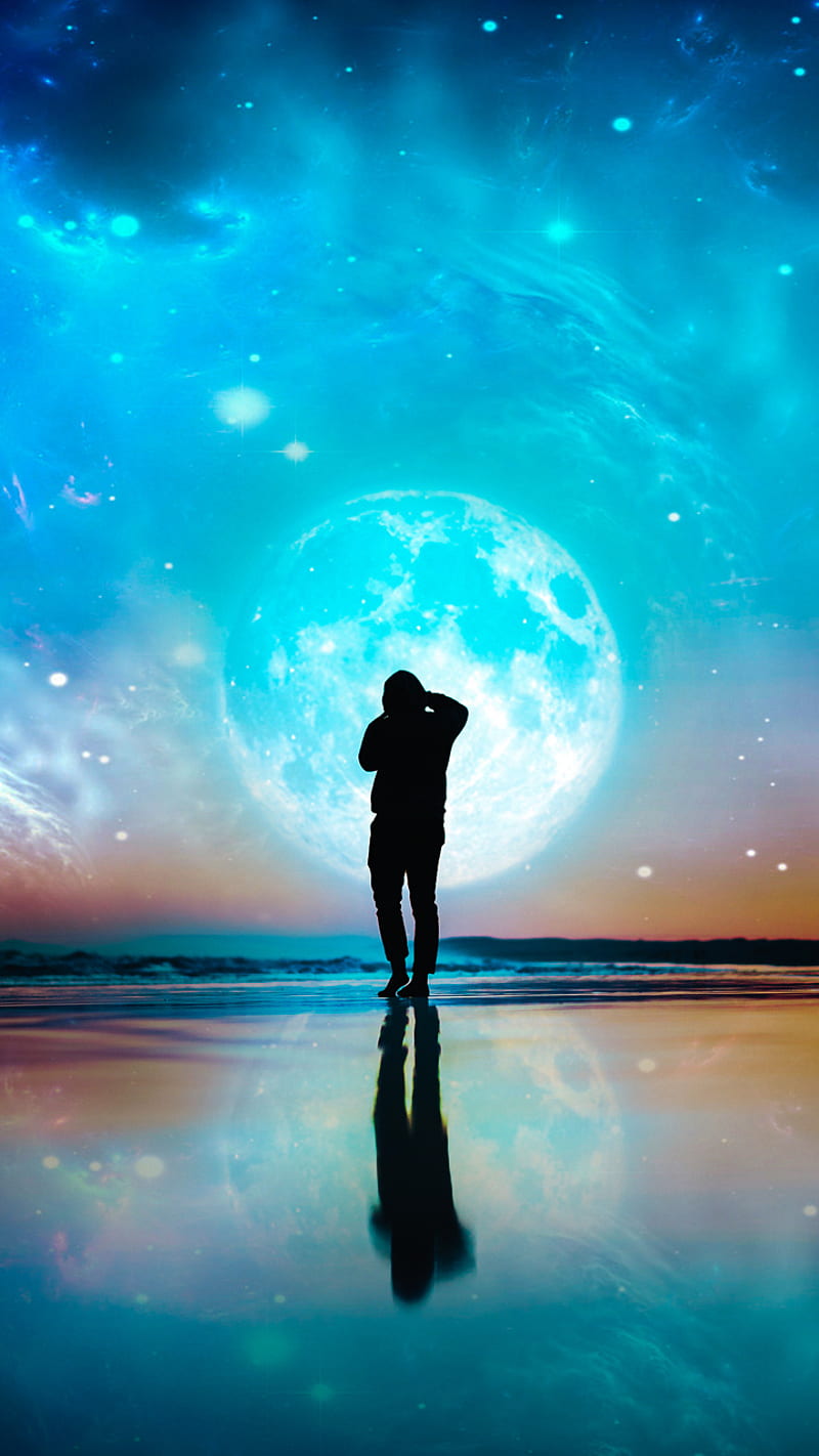 Blue Moon, moon, man, blue, night, galaxy, hop, illustrator, alone, lonely,  love, HD phone wallpaper | Peakpx