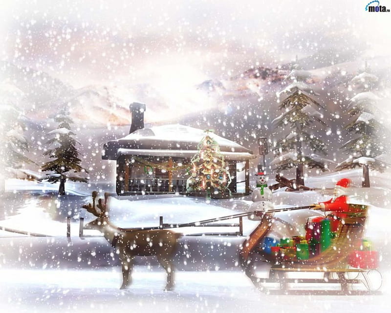Sleigh bells ringing..., sleigh, santa, house, christmas, snow, reindeer, winter, HD wallpaper