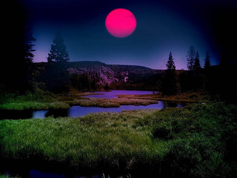 Premium Photo  A pink moon over a lake with mountains in the background