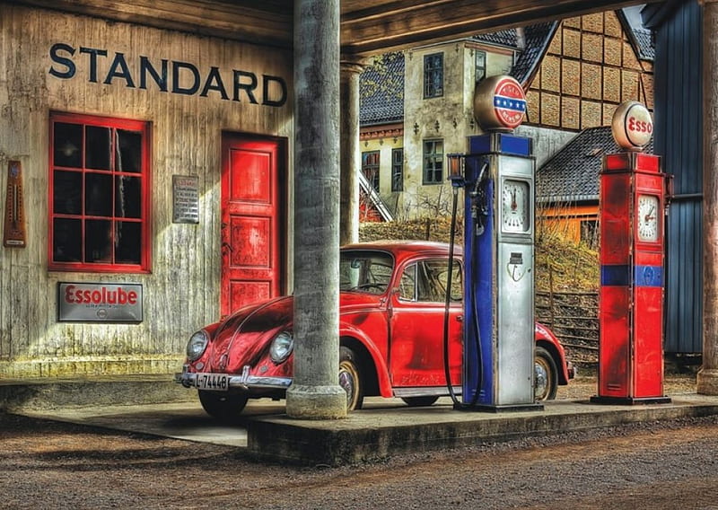 Fuel Station, painting, old, artwork, car, HD wallpaper