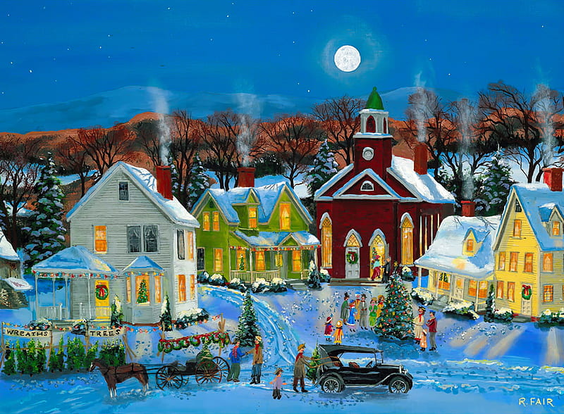 Village christmas tree, art, christmas, holiday, houses, children, fun, joy, winter, tree, moon, snow, village, HD wallpaper