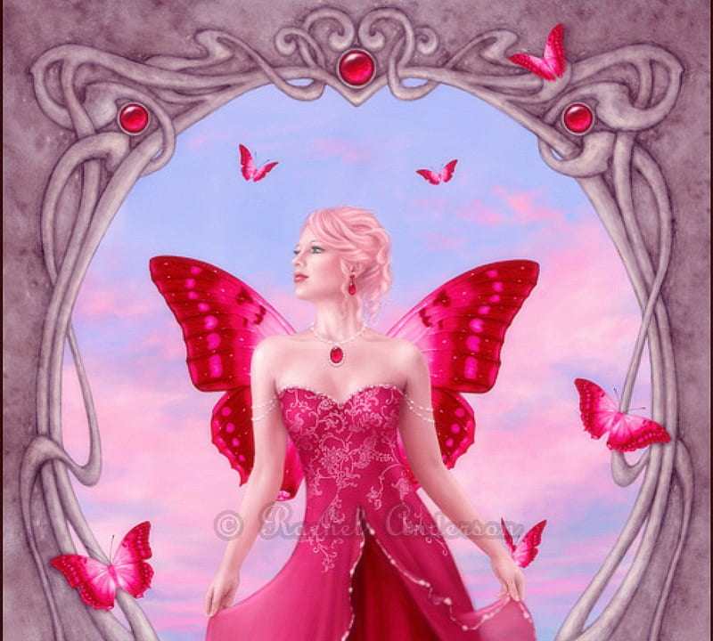 ..Gemstone of July.., pretty, background, angels, women, fantasy, paintings, bright, drawings, butterfly designs, wings, lovely, Spinel, jewelry, cute, birthstones, Ruby, cool, red, dress, charm, bonito, digital art, valuable, hair, fairies, gemstones, girls, animals, female, model, colors, butterflies, July, precious, weird things people wear, lady, HD wallpaper