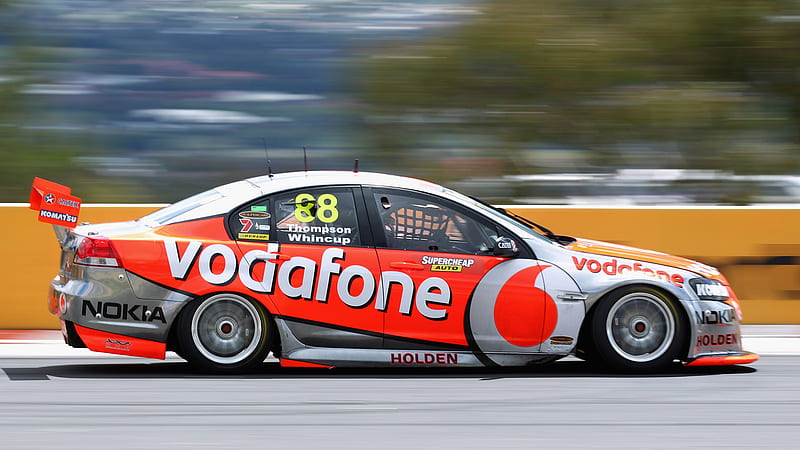 holden v8 supercar, red, race modified, front engine, gris, silver alloys, two seater, white, race track, HD wallpaper