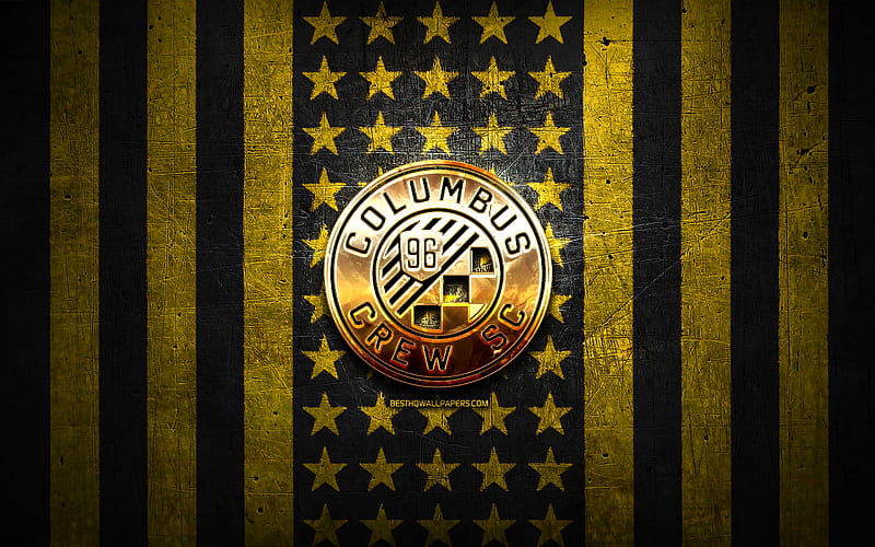 Columbus Crew flag, MLS, yellow black metal background, american soccer club, Columbus Crew logo, USA, soccer, Columbus Crew SC, golden logo, HD wallpaper