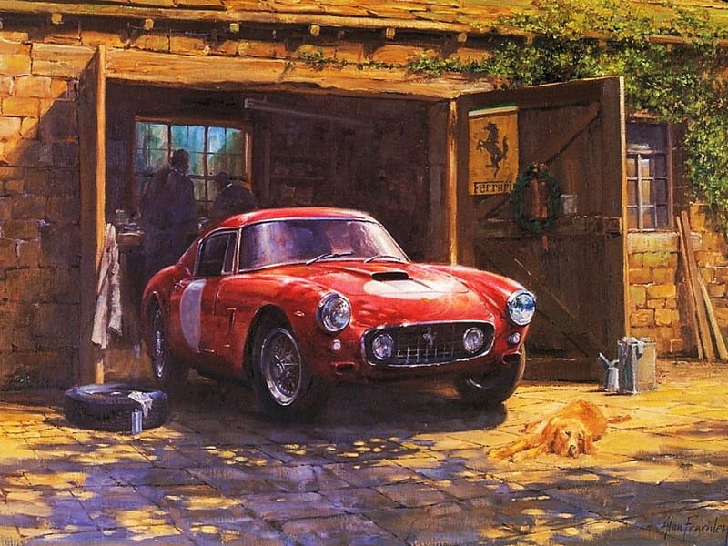 Ferrari, countryside, red, garage, car, painting, horse, artwork, HD wallpaper
