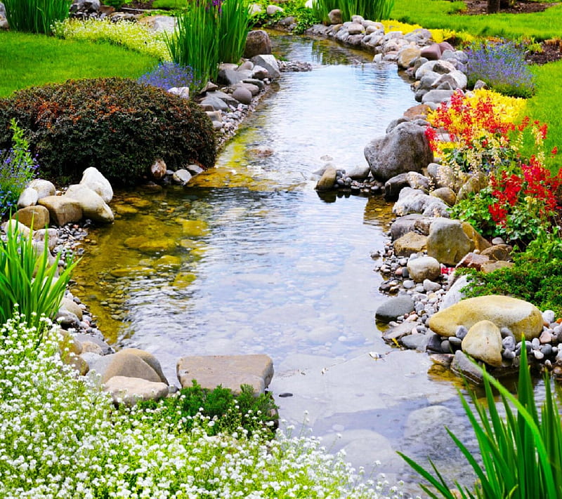 Garden beauty, nice, flowers, garden, nature, park, lake, HD wallpaper