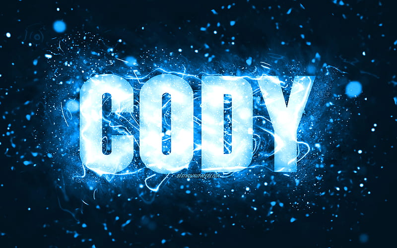 Happy Birtay Cody, blue neon lights, Cody name, creative, Cody Happy Birtay, Cody Birtay, popular american male names, with Cody name, Cody, HD wallpaper