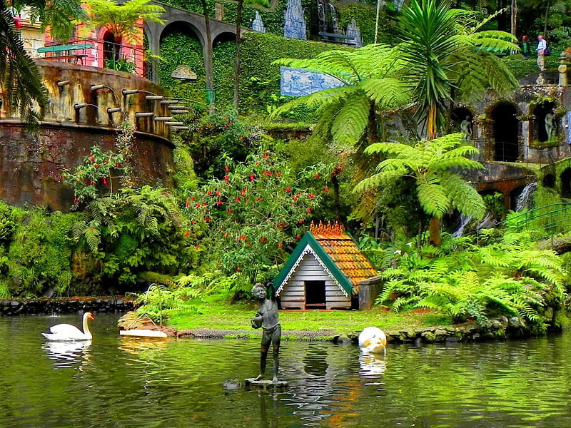 Monte palace tropical garden, pretty, hut, house, bonito, nice, statue, green, beauty, reflection, tropics, quiet, exotic, lovely, greenery, park, trees, palms, swans, lake, pond, summer, garden, castle, tropical, monte palace, HD wallpaper