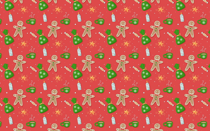 Texture, christmas, green, gingerbread, cup, bag, pattern, red, craciun, cookie, paper, HD wallpaper